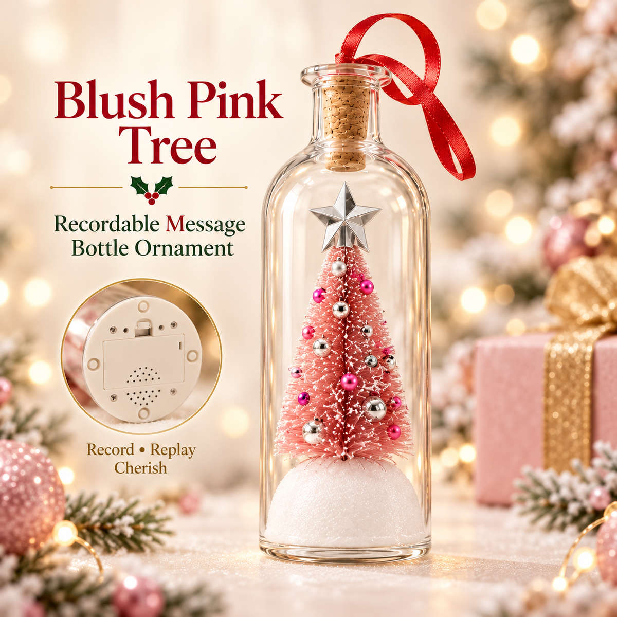 ๐ Recordable Glass Bottle Christmas Ornament, 8in Voice Recording Keepsake, Snowy Tree Scene