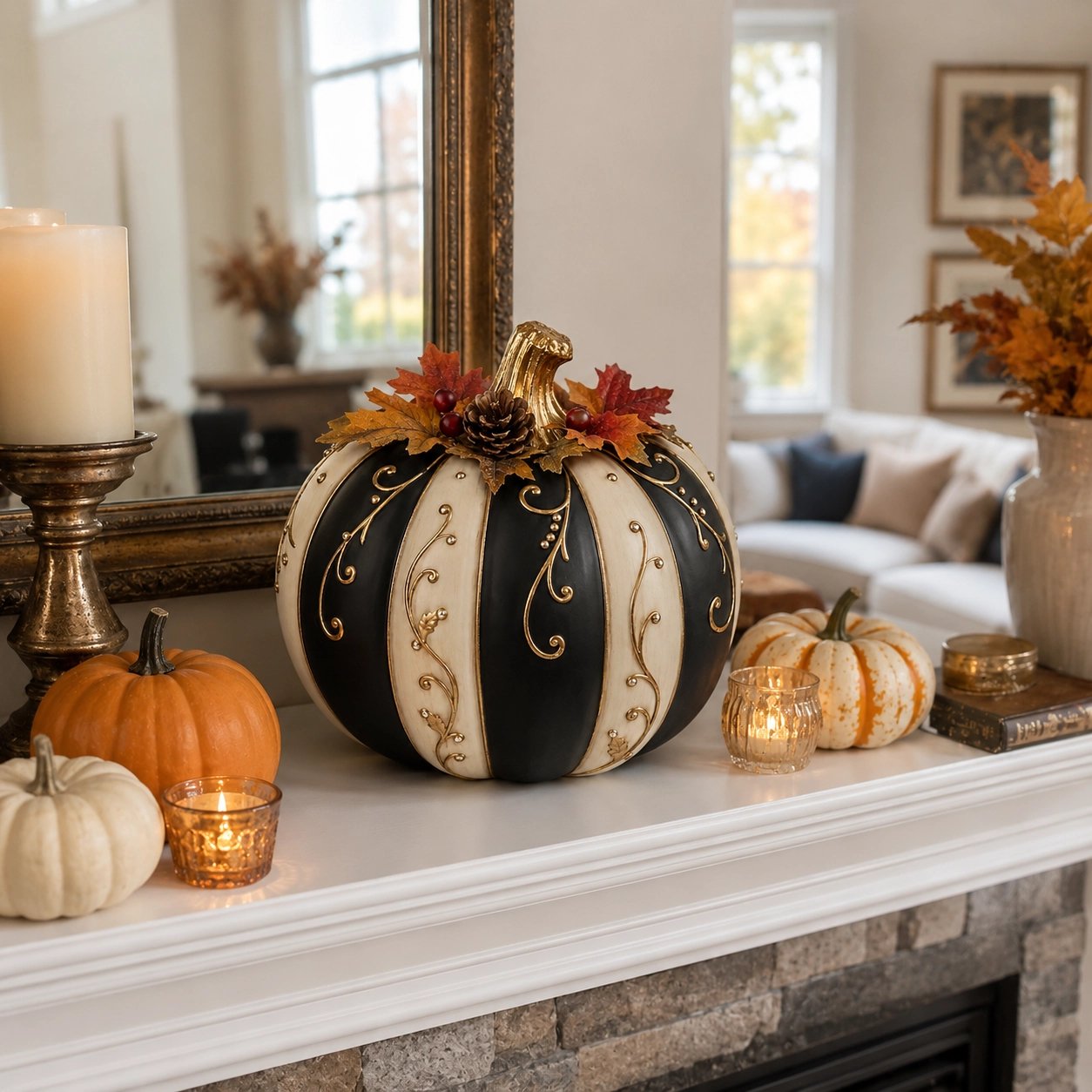 🔥HOT SALE - 🎃Lighted Black & Ivory Pumpkin Decor with Remote