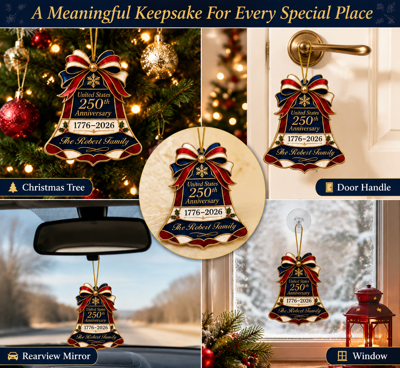 ๐บ๐ธ United States 250th Anniversary Personalized Christmas Bell Ornament