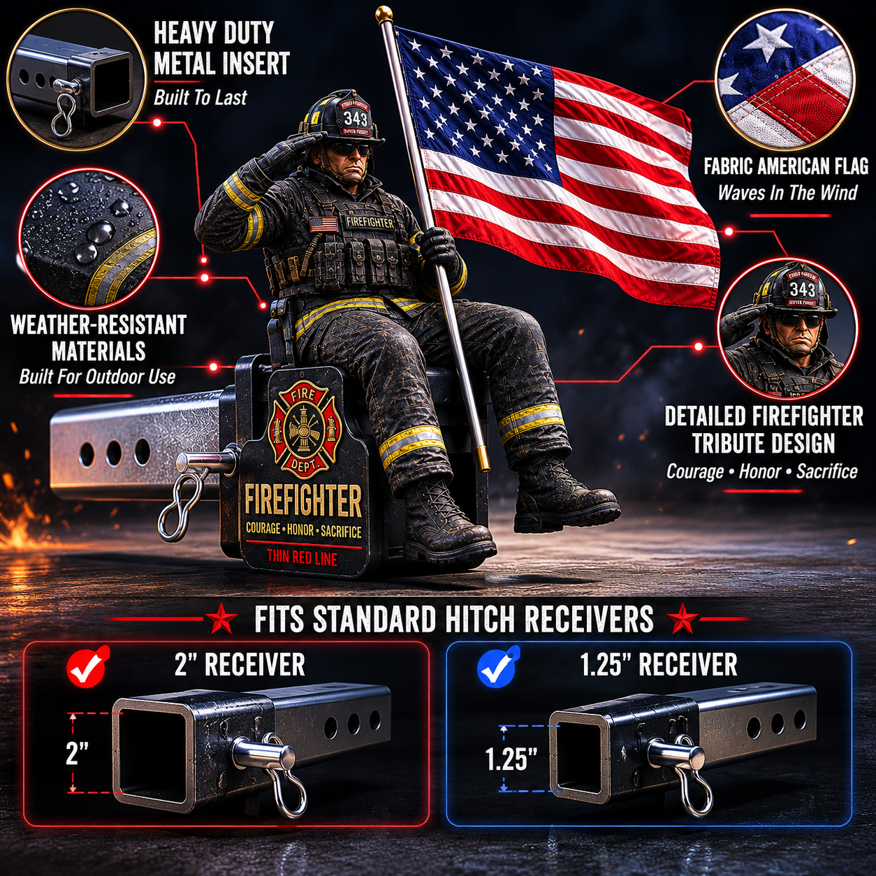 π Last Day Promo: 49% OFF - Firefighter Thin Red Line Tribute Trailer Hitch Cover