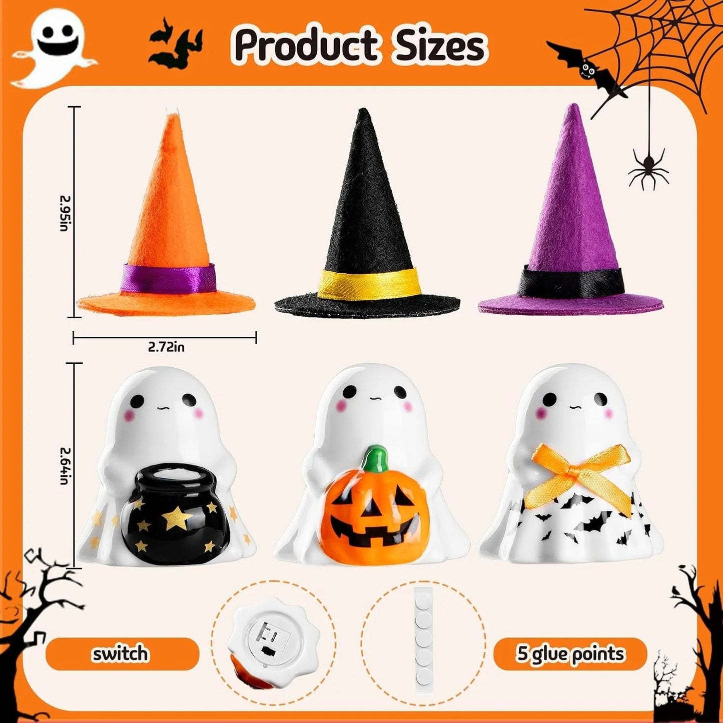 ๐ป๐3Pcs Light-up Ceramic Ghost Halloween Decor | Cute Ghost Figurines with Colorful Witch Hats