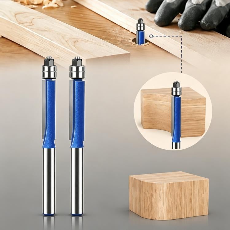4 Piece Dual Bearing Flush Trim Router Bit Set, 1/4 Inch Shank Edge Trimming Tool for Woodworking, Deburring & Polishing