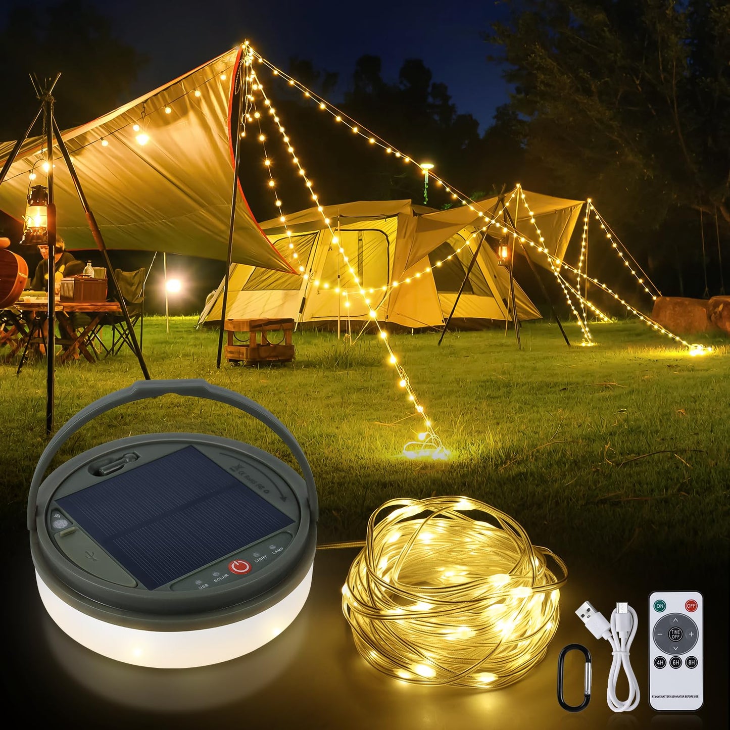 4-in-1 Solar Camping String Lights – 42.6 Feet of Glow, 160 LED Bulbs, Solar or USB Rechargeable, Remote-Controlled, and Ready for Camping, Hiking, or Just Making Your Tent Look Awesome!