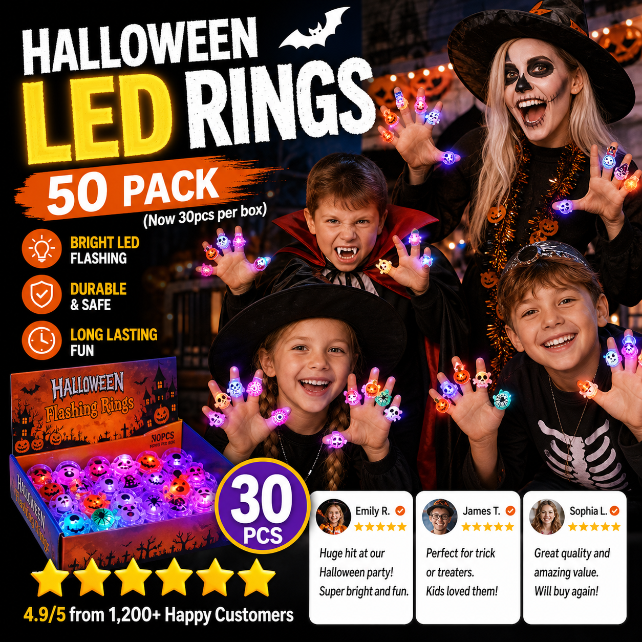 🎃50 Pieces Each Box‼️✨LED Light Halloween Glowing Ring 💍| Flashing Light‑Up Party Favor for Halloween Night👻