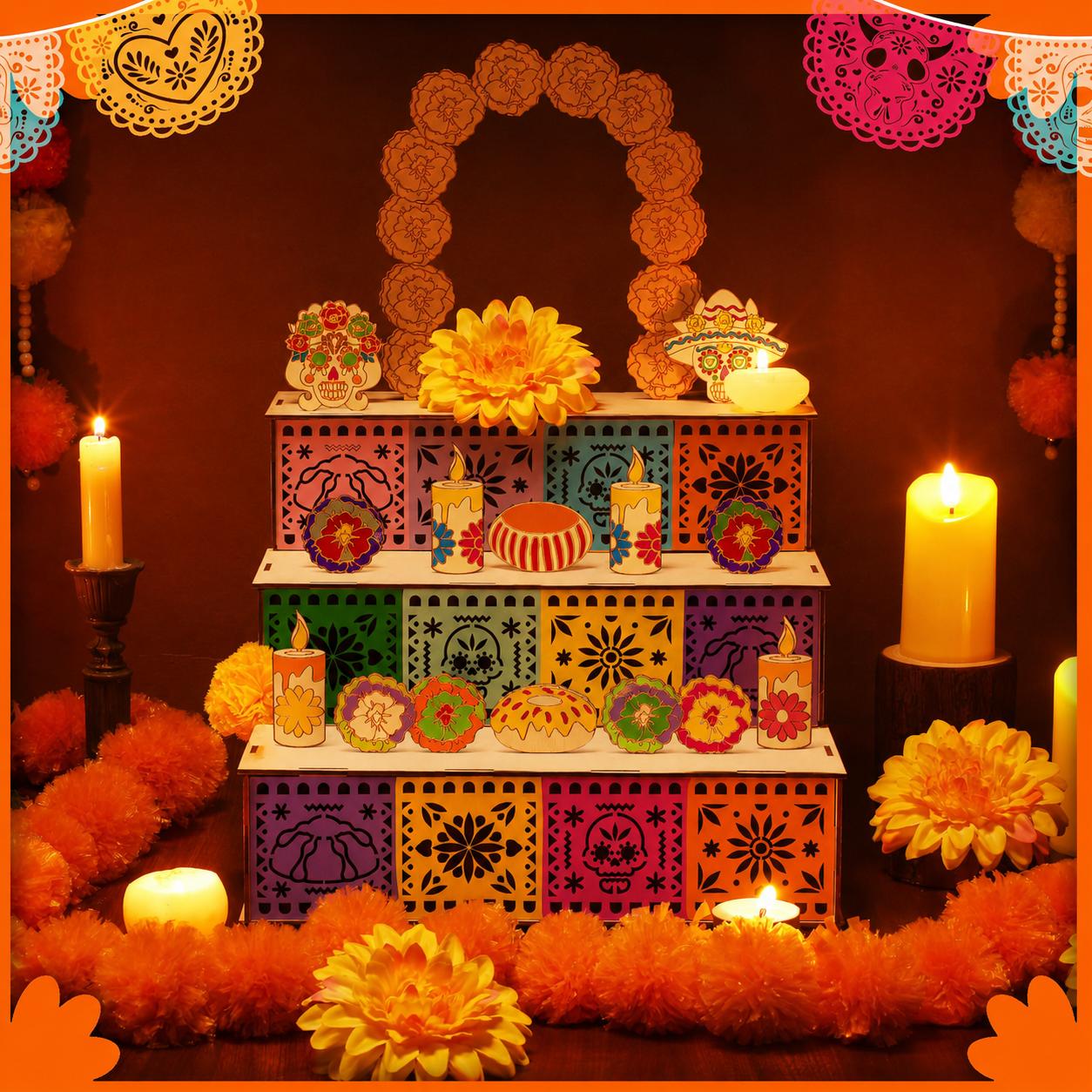 💀3‑Tier Wooden Day of the Dead Ofrenda Altar Set, Complete Decor Kit with Skull, Marigolds, Candles & Papel Picado
