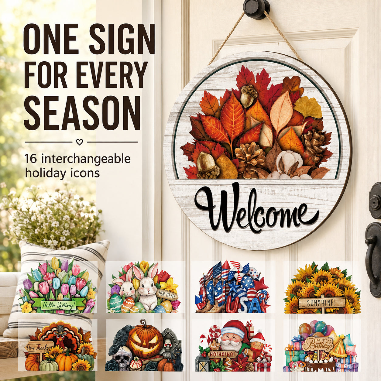 🌟 16-in-1 Interchangeable Seasonal Welcome Sign for Front Door 🚪 Porch Decor & Holiday Home Decorations 🌿