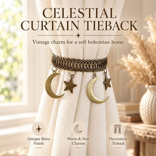 ✨ Celestial Curtain Clip with Charms – Vintage Star & Moon Tieback, Antique Brass Finish, Boho Home Decor for Bedroom & Living Room