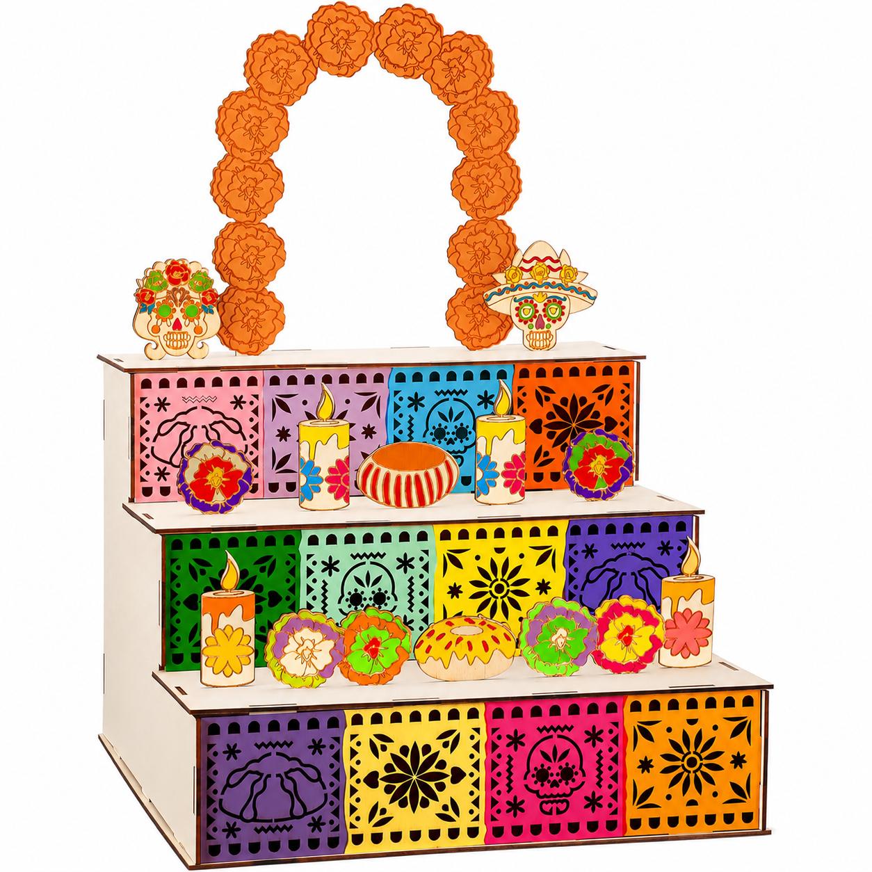 💀3‑Tier Wooden Day of the Dead Ofrenda Altar Set, Complete Decor Kit with Skull, Marigolds, Candles & Papel Picado