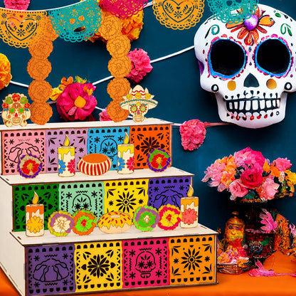 💀3‑Tier Wooden Day of the Dead Ofrenda Altar Set, Complete Decor Kit with Skull, Marigolds, Candles & Papel Picado