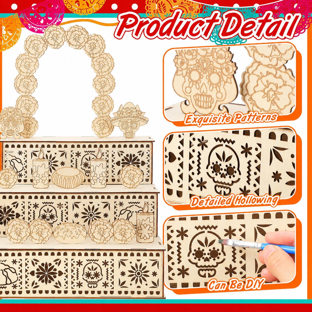 💀3‑Tier Wooden Day of the Dead Ofrenda Altar Set, Complete Decor Kit with Skull, Marigolds, Candles & Papel Picado