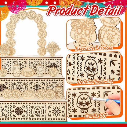 💀3‑Tier Wooden Day of the Dead Ofrenda Altar Set, Complete Decor Kit with Skull, Marigolds, Candles & Papel Picado