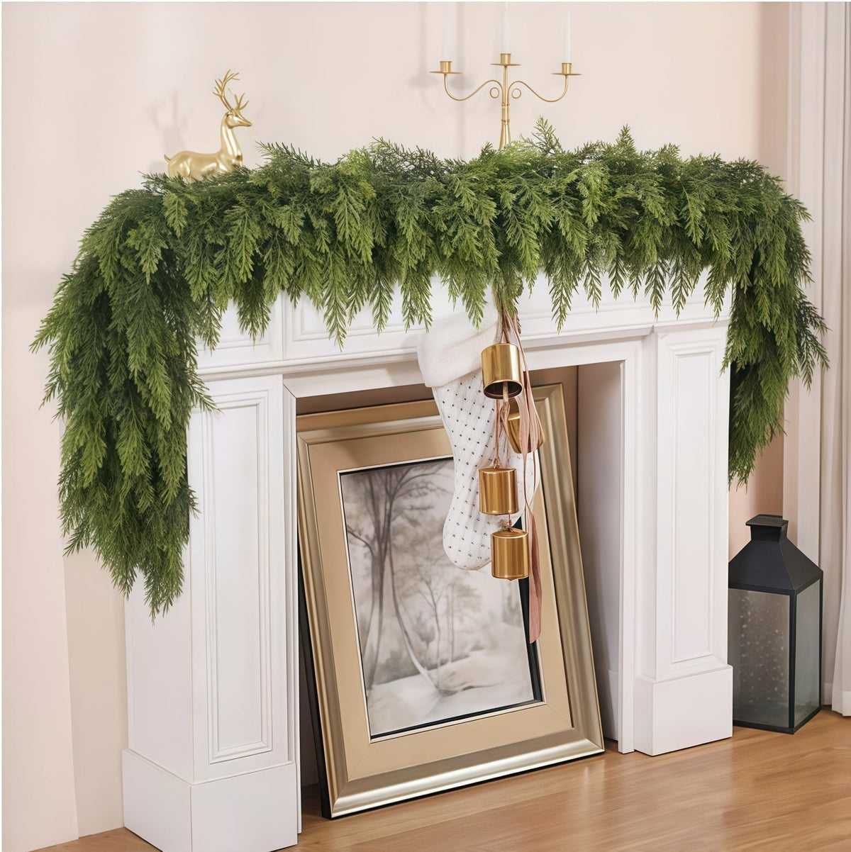 6 FT 2 Pcs Artificial Cedar Garlands, Real Touch Winter Cedar Garland, Green Artificial Greenery Pine Garland for Table, Mantle, Wall, Indoor, Outdoor Christmas Decorations (2, 6 FT)