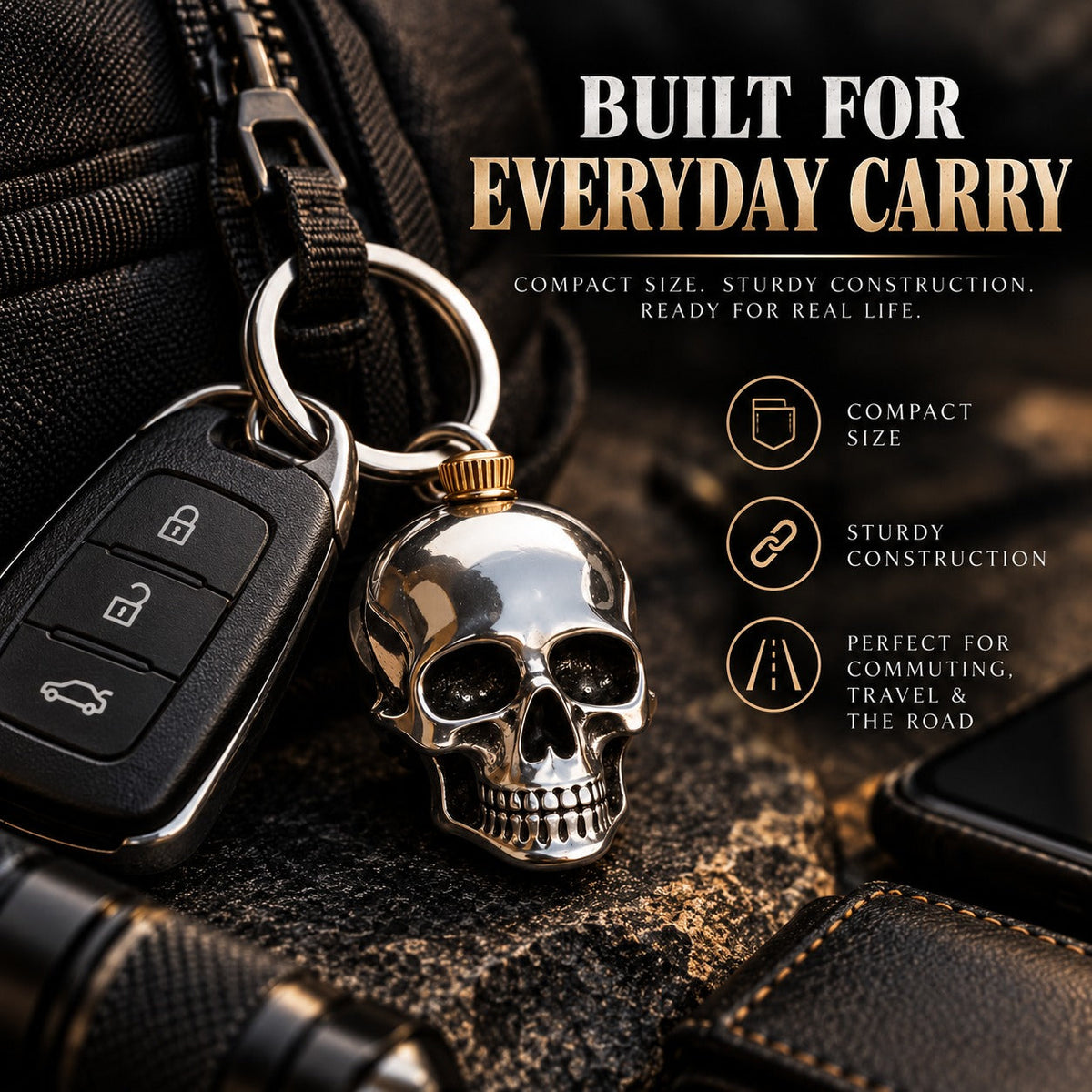 🔑 Heavy-Duty Stainless Steel Skull Keychain – Gothic Punk EDC Accessory, Durable Gift for Bikers-3 Pack