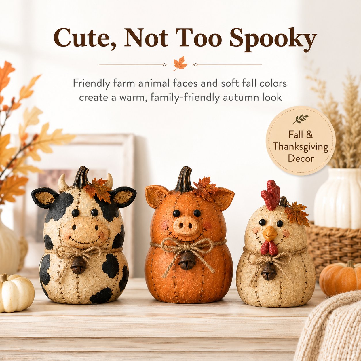 Rustic Farm Pumpkin Friends – Cow Pig Chicken Fall Decor Set