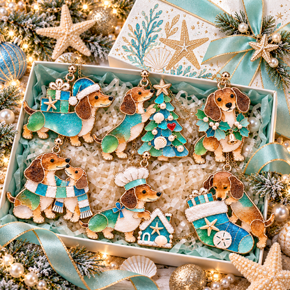 Coastal Christmas Dachshund Ornament Set – 6-Piece Stained Glass-Inspired Sea Glass Dog Christmas Tree Decorations, Gift for Dachshund Lovers