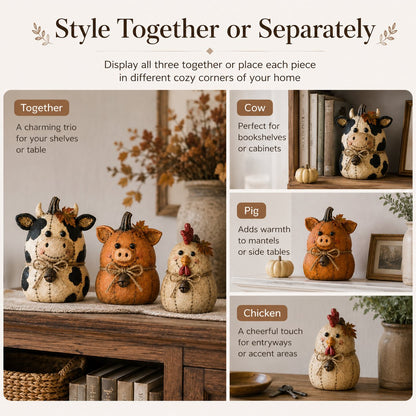 Rustic Farm Pumpkin Friends – Cow Pig Chicken Fall Decor Set