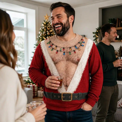 Funny Hairy Chest Santa Lights Ugly Christmas Sweater 3D Printed Holiday Gag Gift Sweatshirt🎅