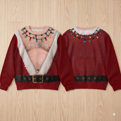 Funny Hairy Chest Santa Lights Ugly Christmas Sweater 3D Printed Holiday Gag Gift Sweatshirt🎅
