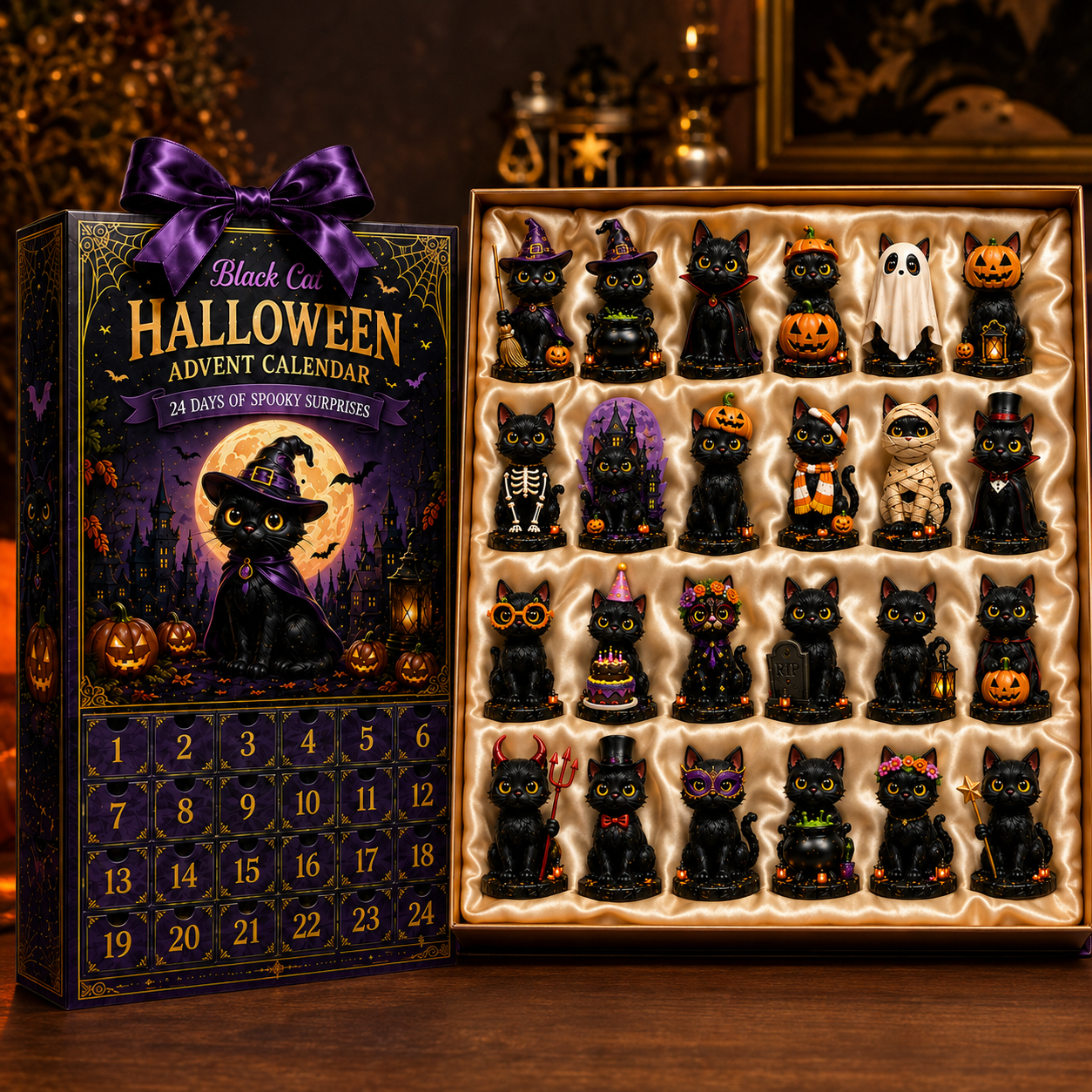 🔥Last 30 pcs✨⏰ Limited anniversary edition✨24-Day Christmas Countdown Advent Calendar –Halloween black cat Ornament