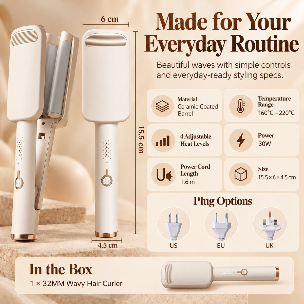 🔥Buy 2 Get 20% OFF🔥⏰32MM Wavy Hair Curler – Big Bouncy Curls, 4 Adjustable Heat Settings & Negative Ion Care – Salon-Quality Styling at Home 💇‍♀️