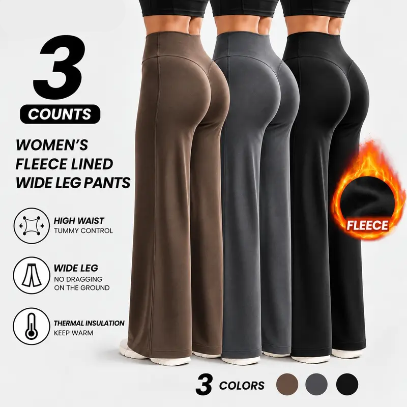 Women's Fleece Lined Wide Leg Pants, High Waisted Soft Thermal Straight Leg Lounge Pants 🧶