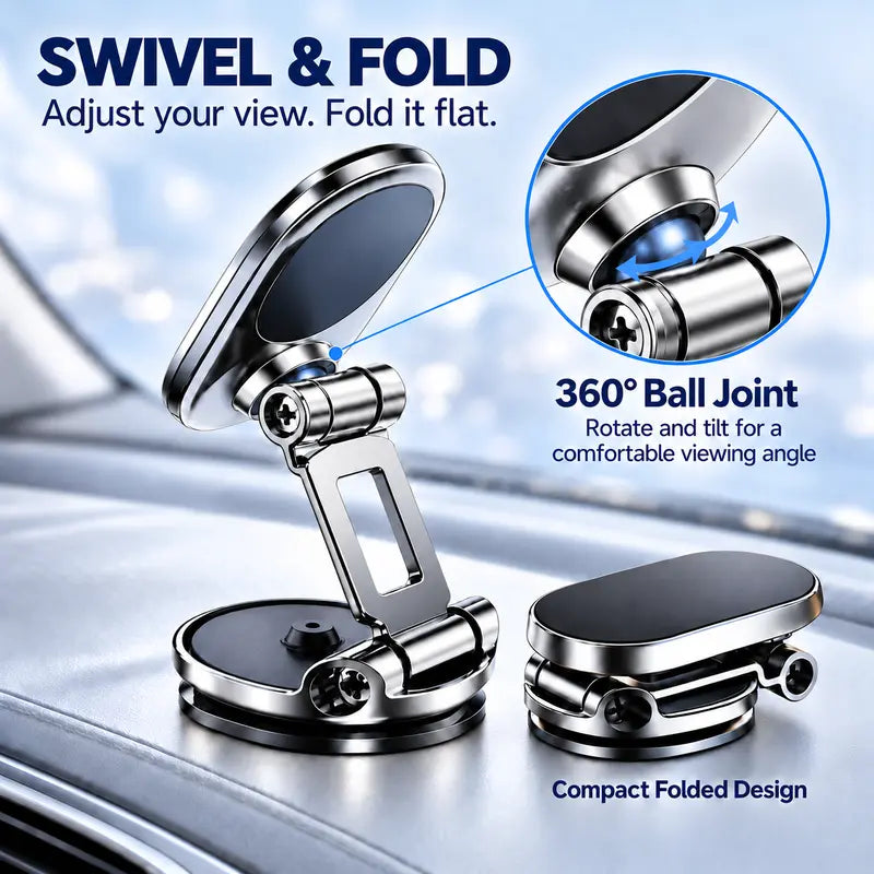 Foldable Magnetic Car Phone Holder, Zinc Alloy 360° Rotating Dashboard Mount