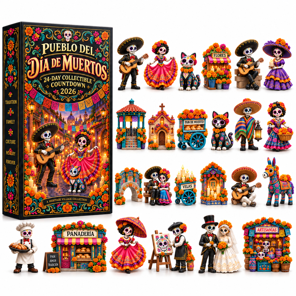 💖Pueblo del Día de Muertos 2026 Countdown Calendar with 24 Unique Miniatures