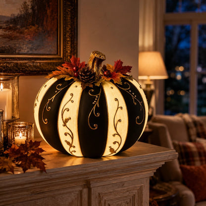 🔥HOT SALE - 🎃Lighted Black & Ivory Pumpkin Decor with Remote