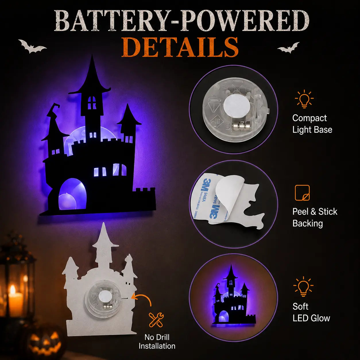 Halloween LED Silhouette Wall Light Stickers, Battery Powered Peel & Stick Decor Lights🦇