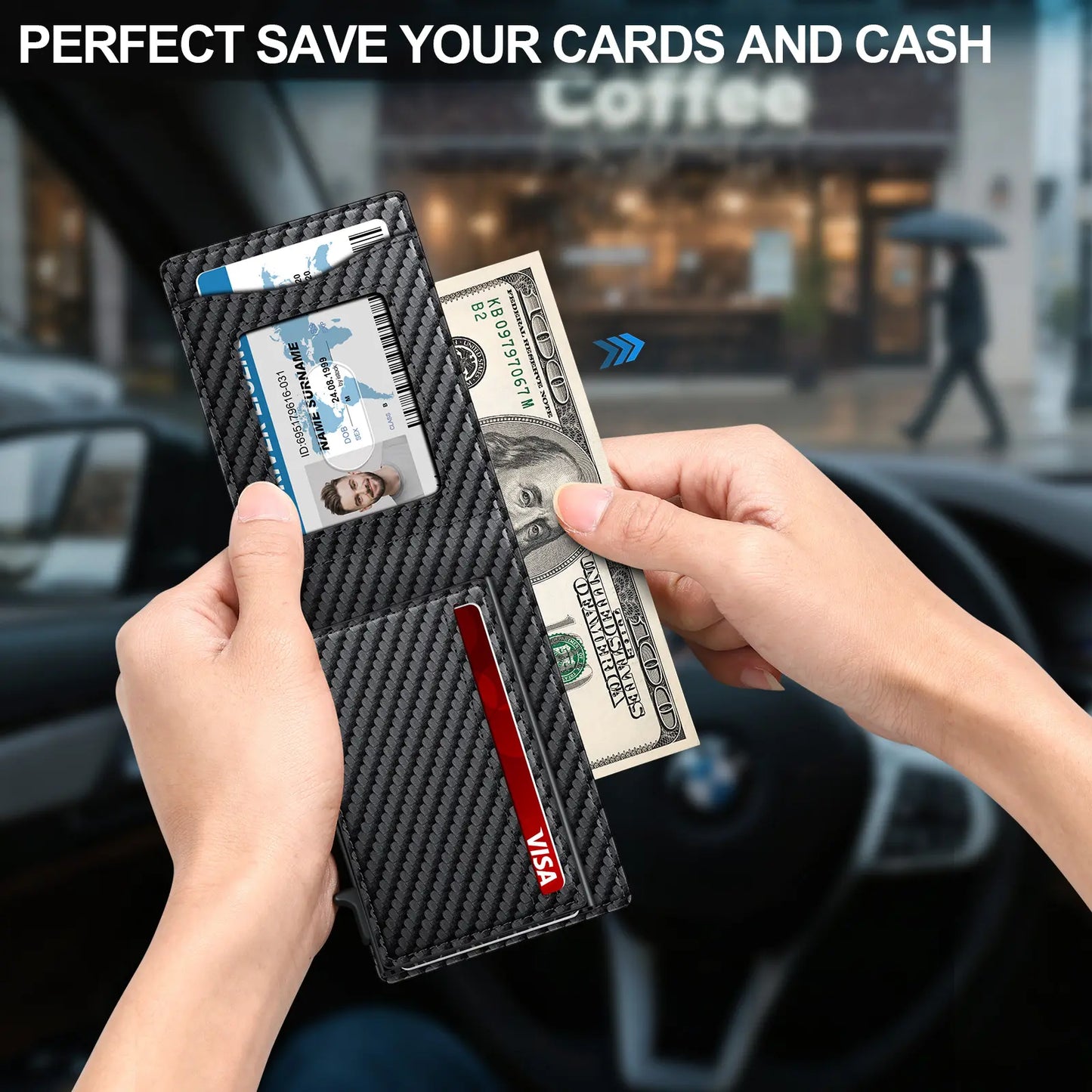 Men's RFID Minimalist Bifold Wallet - 1 ID Window, Pop‑Up Card Holder, Money Clip 💳