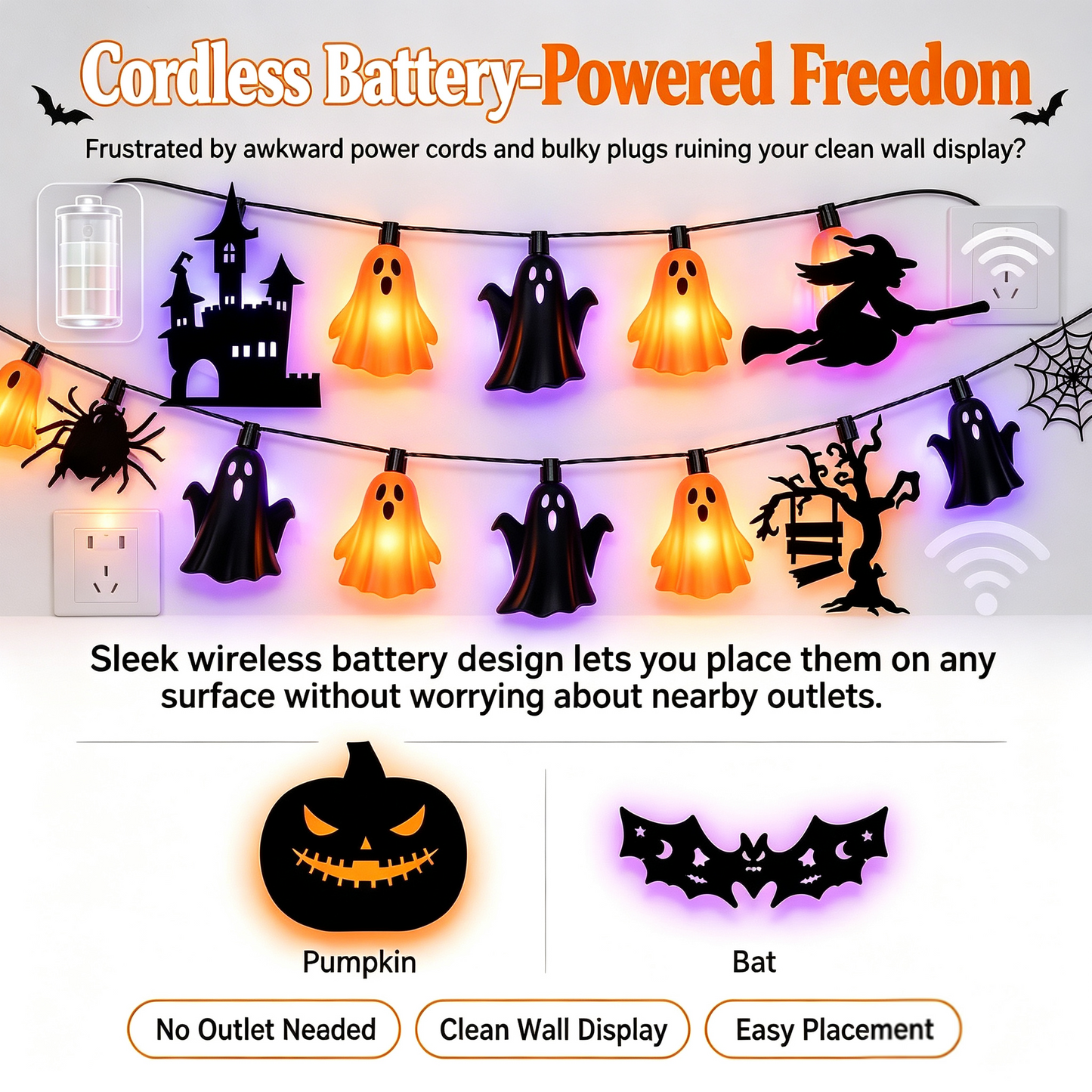 Halloween LED Silhouette Wall Light Stickers, Battery Powered Peel & Stick Decor Lights🦇