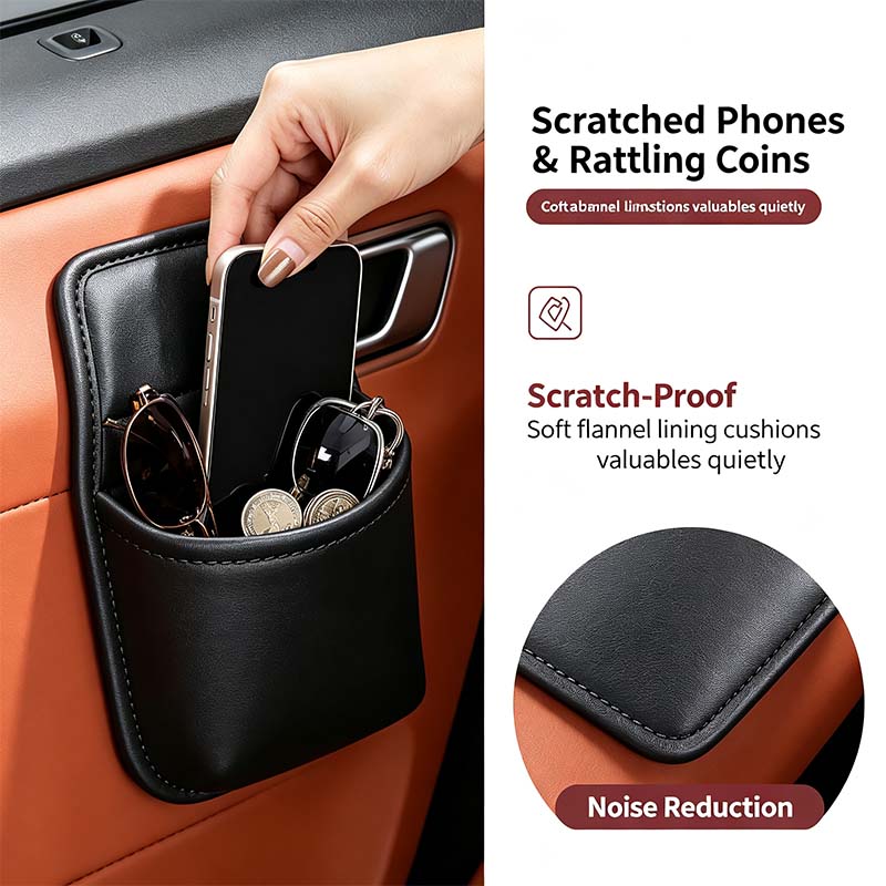 Leather car door storage pocket - double-layer compartments, scratch-proof flannel lining💼