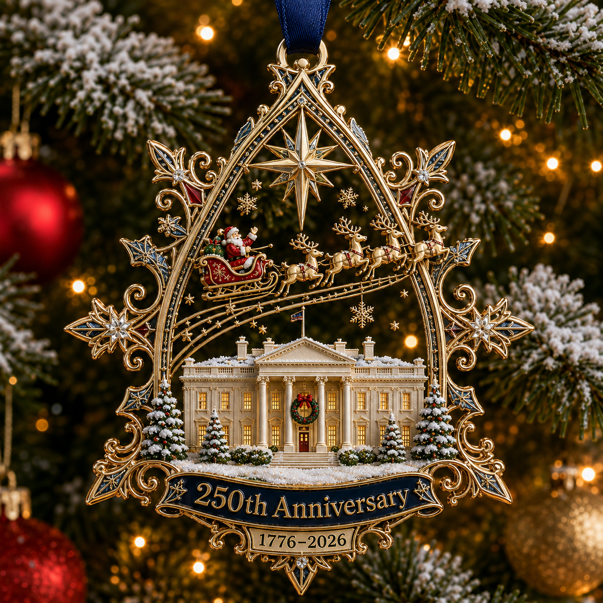 🏆🇺🇸 Limited Edition!🔥250th Anniversary: Santa Flying Over the White House on a Snowy Night
