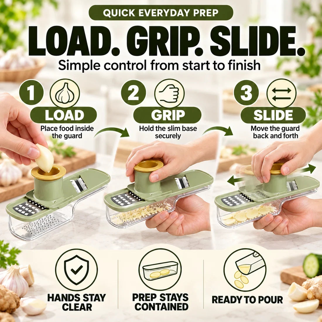 ✨3-in-1 Ginger & Garlic Slicer, Grater & Grinder – Fast, Safe Meal Prep🧄