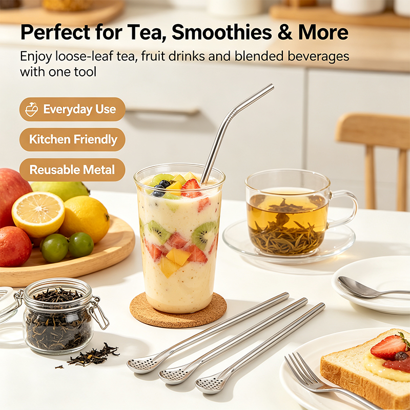 3-Count Stainless Steel Straw-Spoon, Multifunctional Filtered Strainer Scoop for Yerba Mate Tea, Fruit, Beverage, Coffee🥤