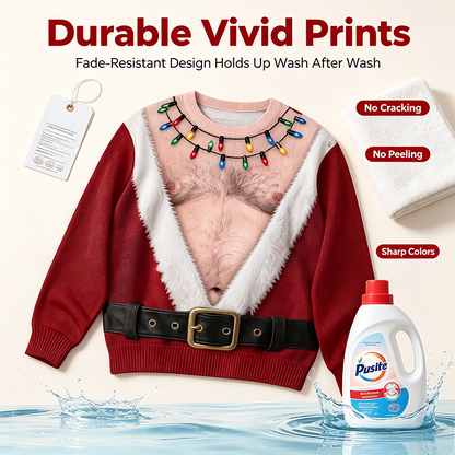 Funny Hairy Chest Santa Lights Ugly Christmas Sweater 3D Printed Holiday Gag Gift Sweatshirt🎅