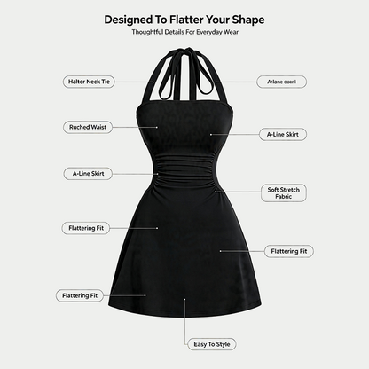 Women's Plain Ruched Tie Back Halter Neck Dress💃