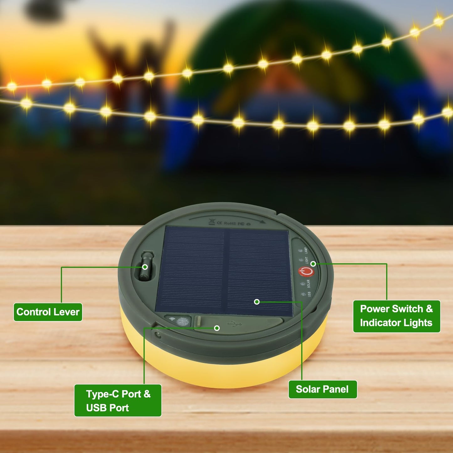 4-in-1 Solar Camping String Lights – 42.6 Feet of Glow, 160 LED Bulbs, Solar or USB Rechargeable, Remote-Controlled, and Ready for Camping, Hiking, or Just Making Your Tent Look Awesome!