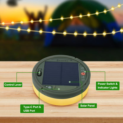 4-in-1 Solar Camping String Lights – 42.6 Feet of Glow, 160 LED Bulbs, Solar or USB Rechargeable, Remote-Controlled, and Ready for Camping, Hiking, or Just Making Your Tent Look Awesome!