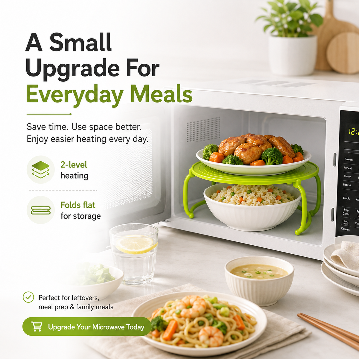🍽️ Foldable Microwave Plate Stacker – 2-Level Heating Rack with Cool-Touch Handles for More Kitchen Space