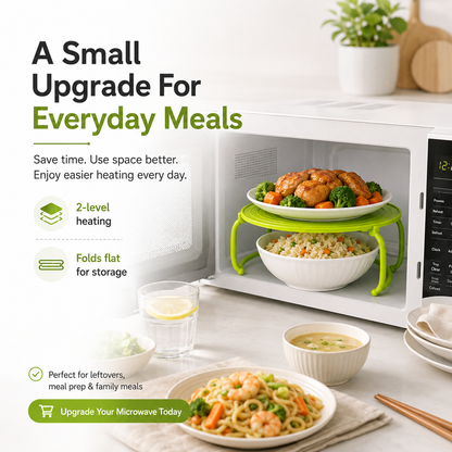 🍽️ Foldable Microwave Plate Stacker – 2-Level Heating Rack with Cool-Touch Handles for More Kitchen Space