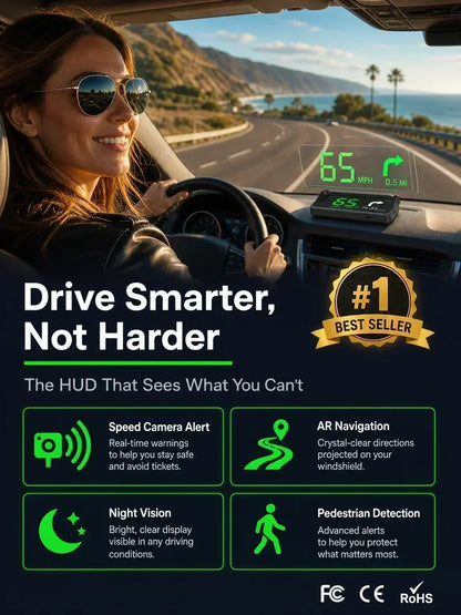 🚗55% OFF NOW! Head-Up Display Car GPS Digital Speedometer – Traffic Light Countdown & Red Light Camera Alert HUD, Universal Driver Safety Warning Device to Avoid Tickets for City Driving