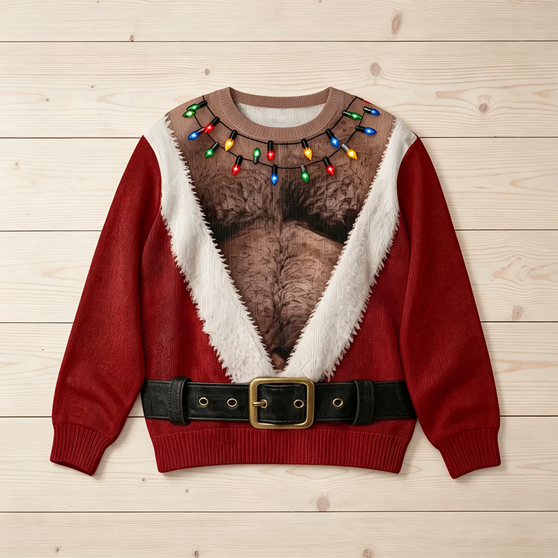 Funny Hairy Chest Santa Lights Ugly Christmas Sweater 3D Printed Holiday Gag Gift Sweatshirt🎅