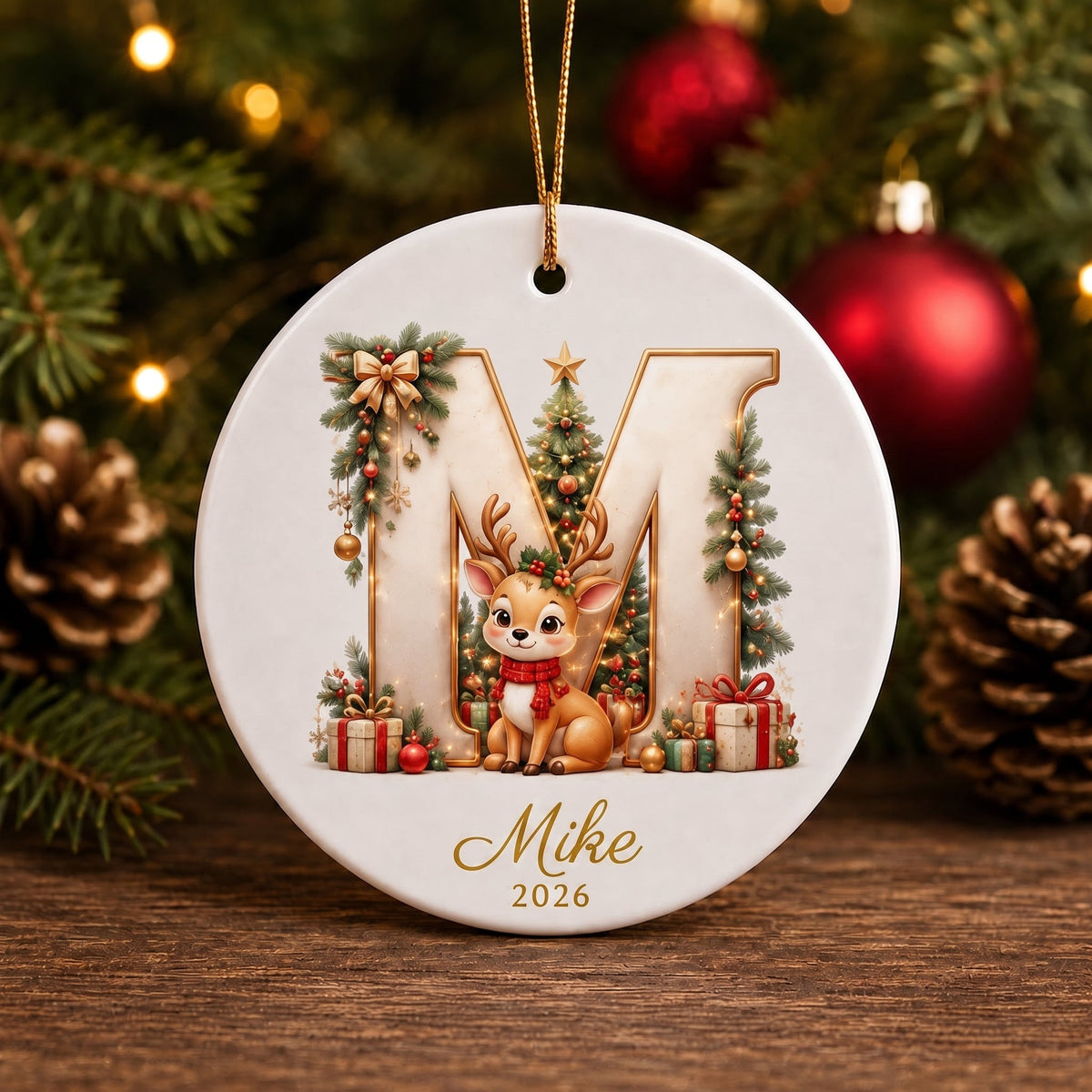 Personalized Reindeer Letter Ornament -Custom Initial A–Z Christmas Keepsake