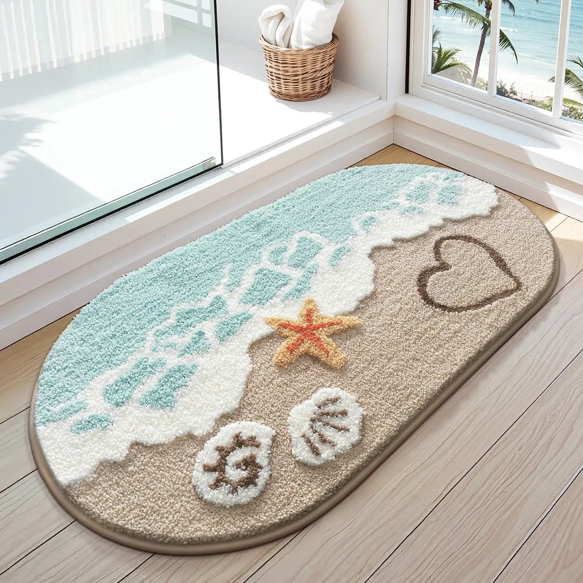 Coastal Beach Bathroom Rug – Soft Absorbent Non-Slip Bath Mat with Starfish & Seashell Design
