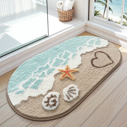 Coastal Beach Bathroom Rug – Soft Absorbent Non-Slip Bath Mat with Starfish & Seashell Design