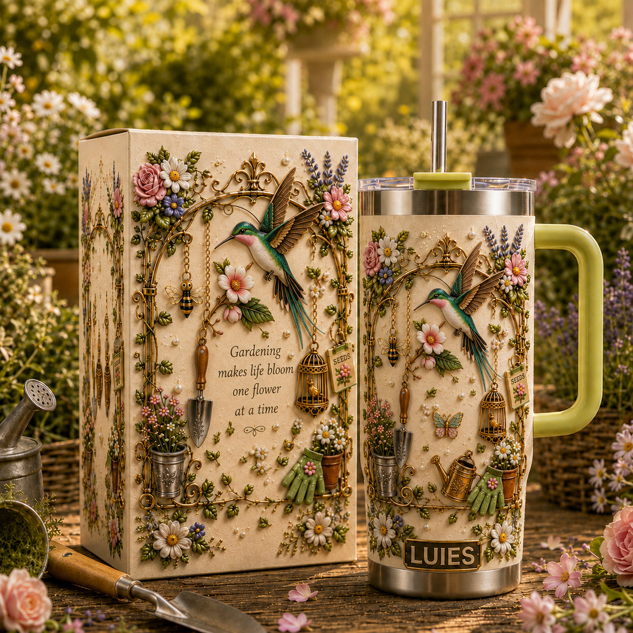 Personalized Gardening Hummingbirds & flowers Tumbler