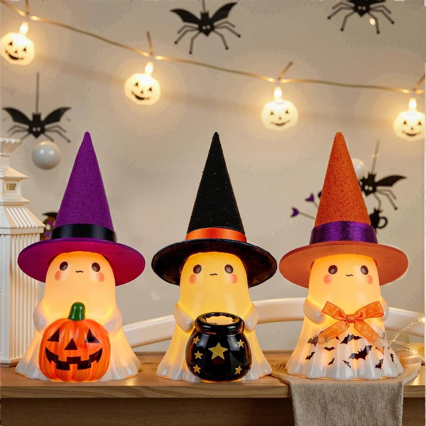 👻🌟3Pcs Light-up Ceramic Ghost Halloween Decor | Cute Ghost Figurines with Colorful Witch Hats