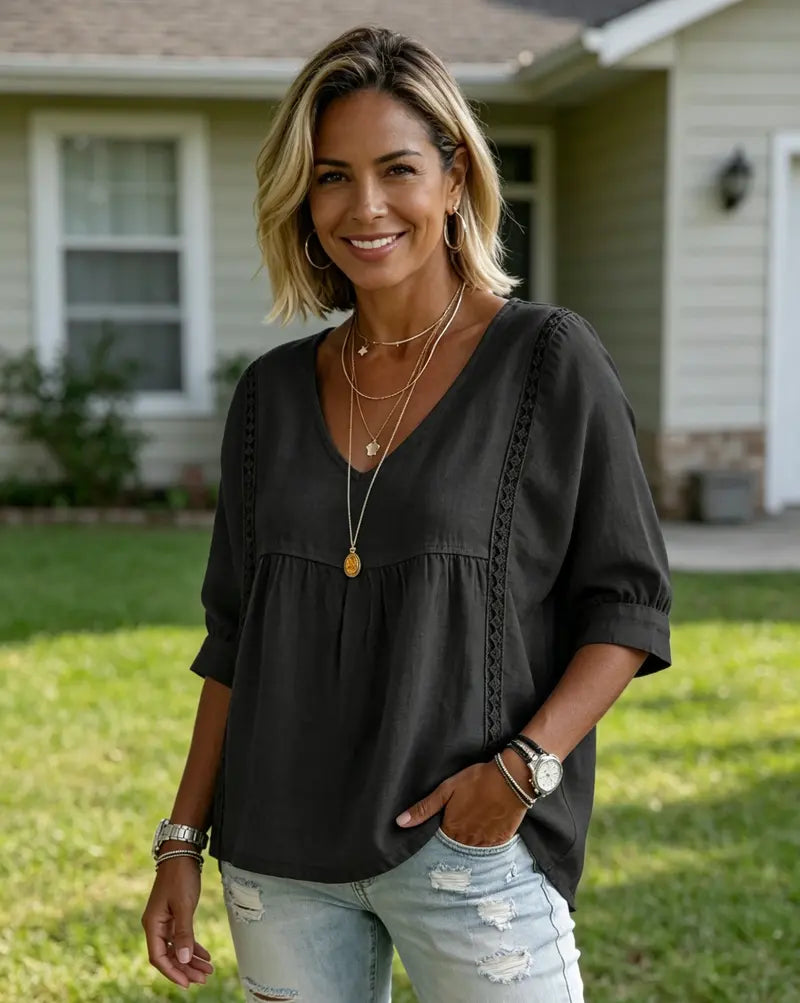 Women's Chic Loose-Fit V-Neck Lace Blouse, 3/4-Length Puff Sleeves, Side Lace Cut-Out Details👚