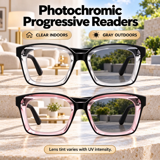 Unisex Progressive Reading Glasses, Photochromic Color Changing Lenses with Blue Light Filtering 👀